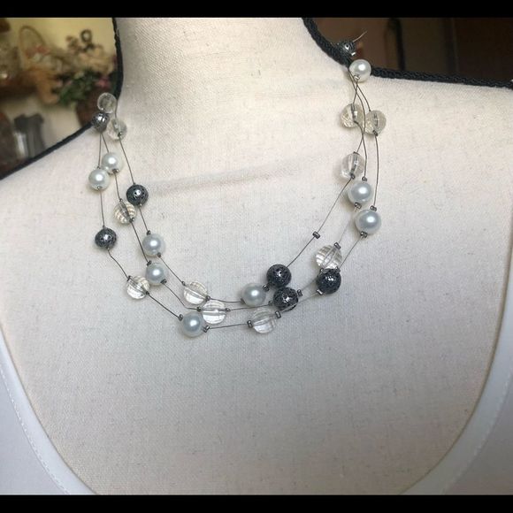 Floating beads on wire clear, gray, white, 16 1/2 in. necklace - Picture 8 of 11